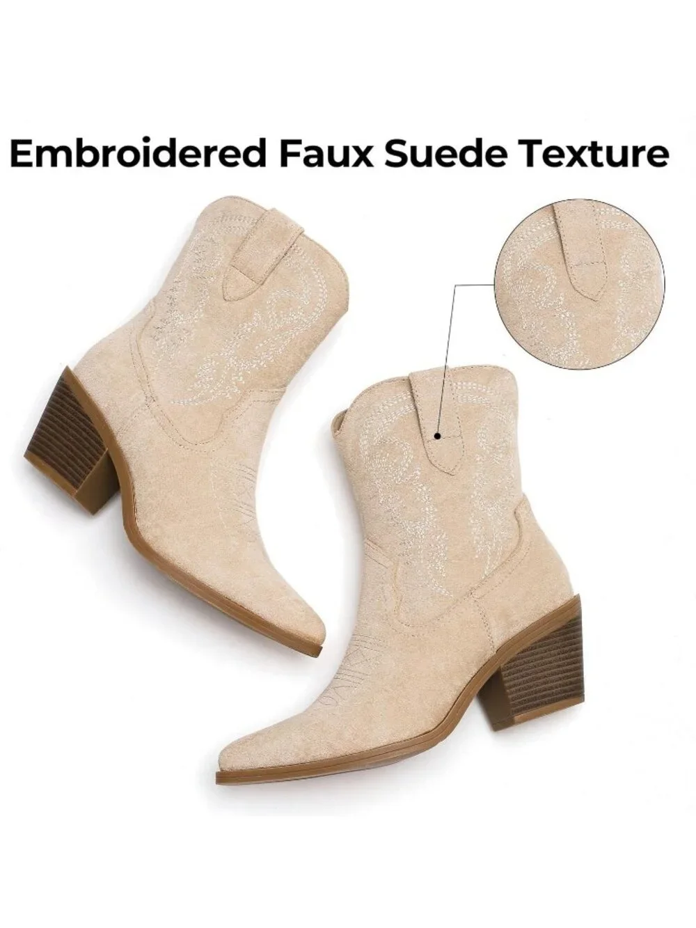Women's Beige Cowboy Ankle Boots Western Booties Pointed Toe Embroidery Shoes